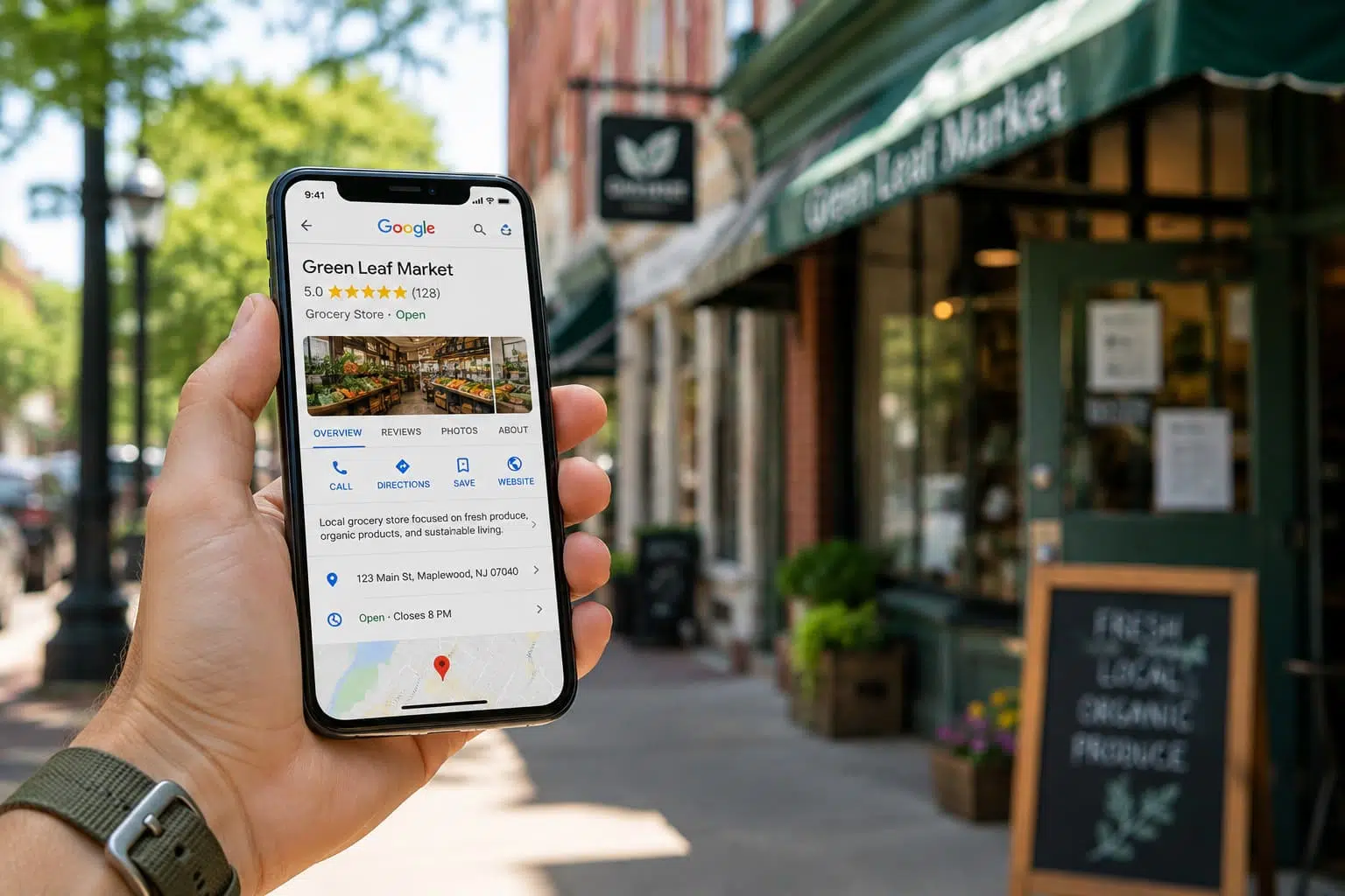 Smartphone showing a Google Business Profile with five-star reviews and map location for a local business.
