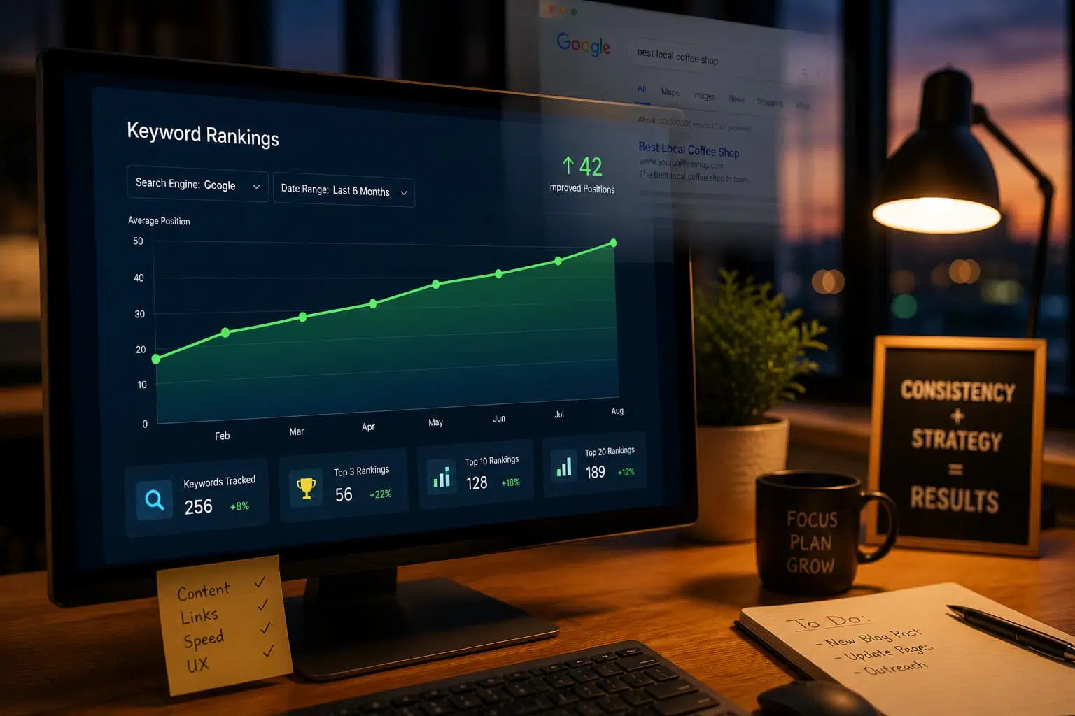 Computer monitor displaying an upward-trending SEO keyword ranking graph in a warmly lit office at dusk.