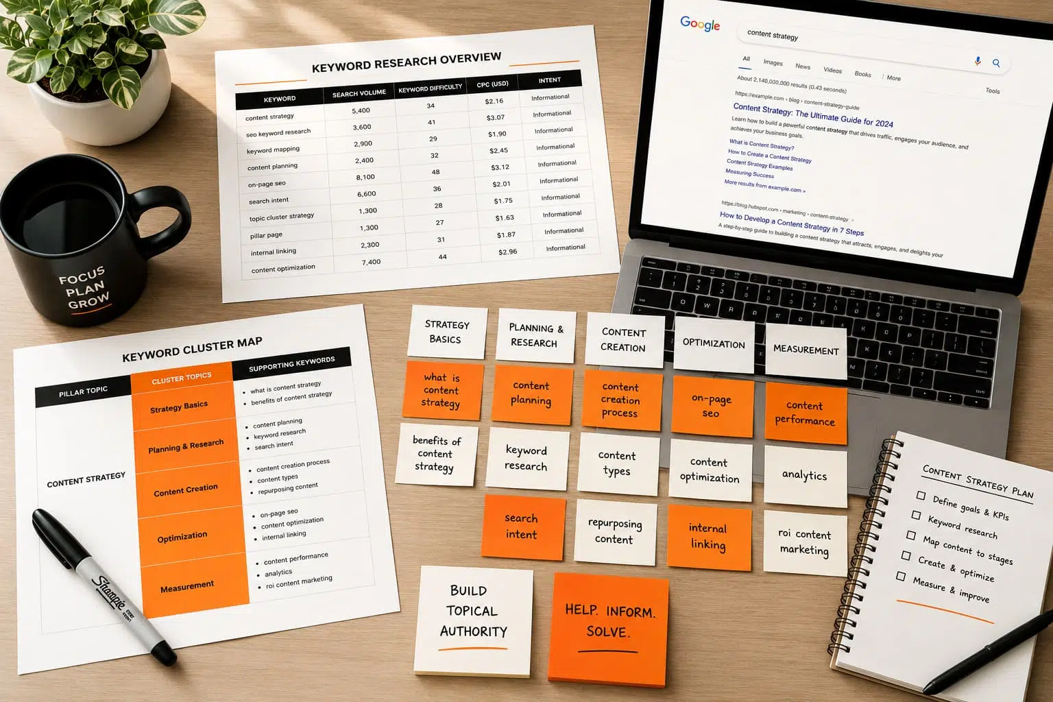 Overhead workspace with keyword research sheets, content cluster notes, laptop search results, and planning materials in orange, black, and white.