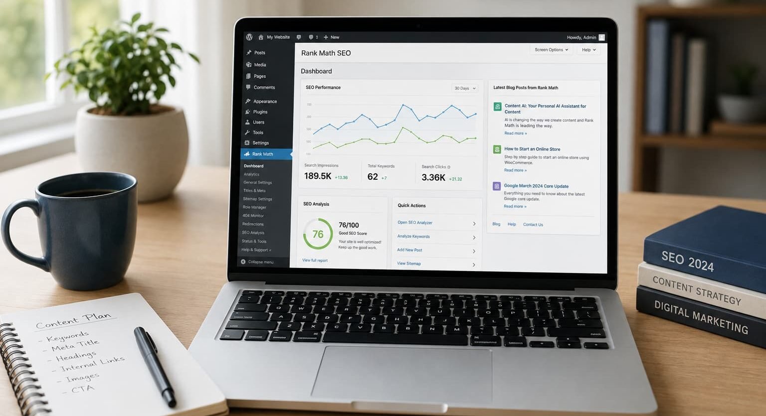 Laptop displaying a WordPress SEO dashboard on a modern workspace desk with a notebook, coffee mug, and potted plant.