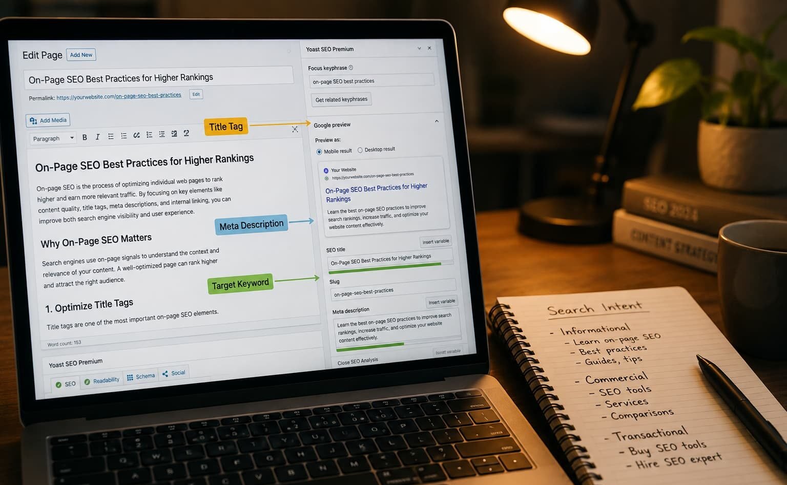 Laptop displaying an SEO webpage editor with title tags, meta descriptions, and keyword annotations beside a notebook with search intent notes.
