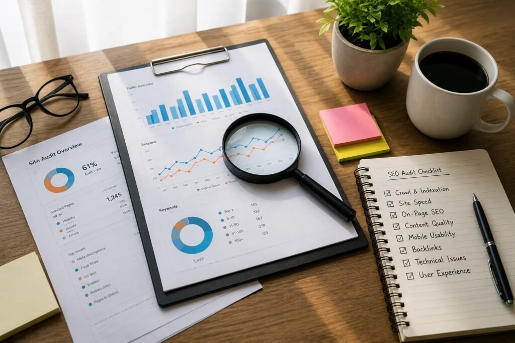 SEO audit reports, performance charts, checklist, and magnifying glass arranged on a wooden office desk.