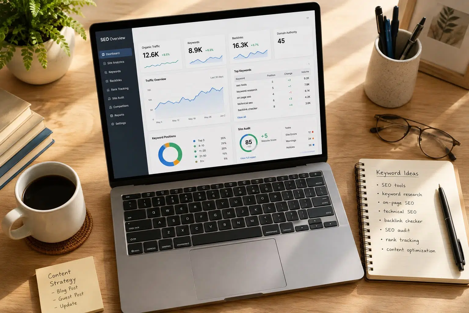 Top-down view of a modern workspace with a laptop showing an SEO analytics dashboard, handwritten keyword notes, coffee cup, books, and office supplies.