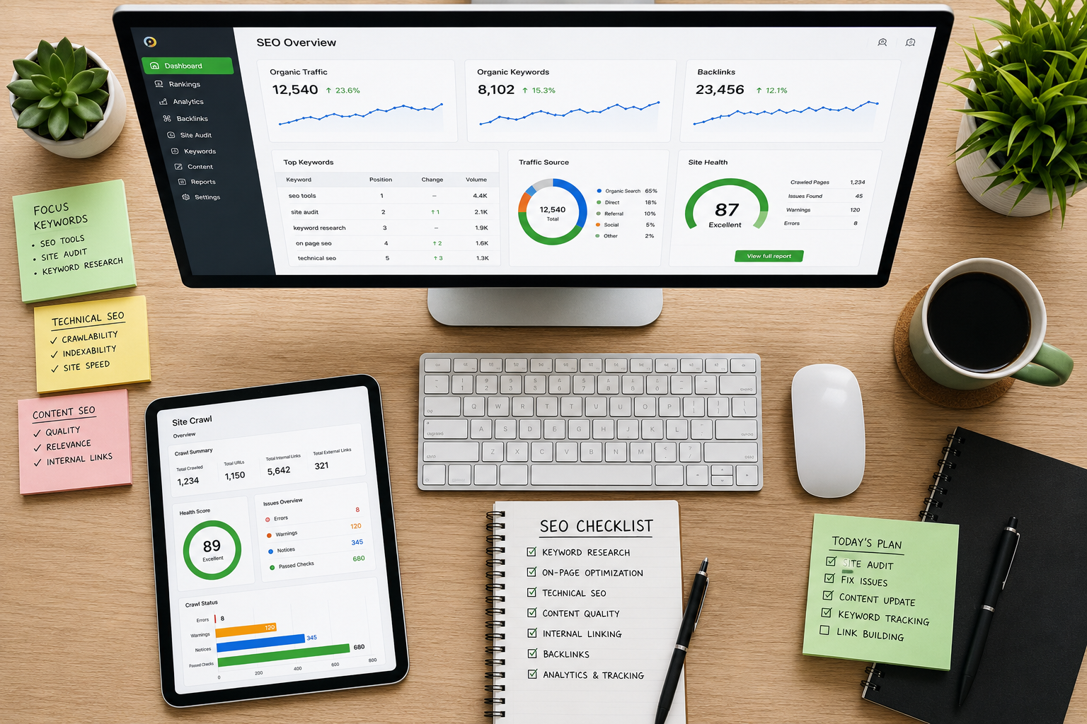 Top-down SEO workspace with analytics dashboards, site crawl report, SEO checklist, keyword notes, and coffee on a wooden desk.