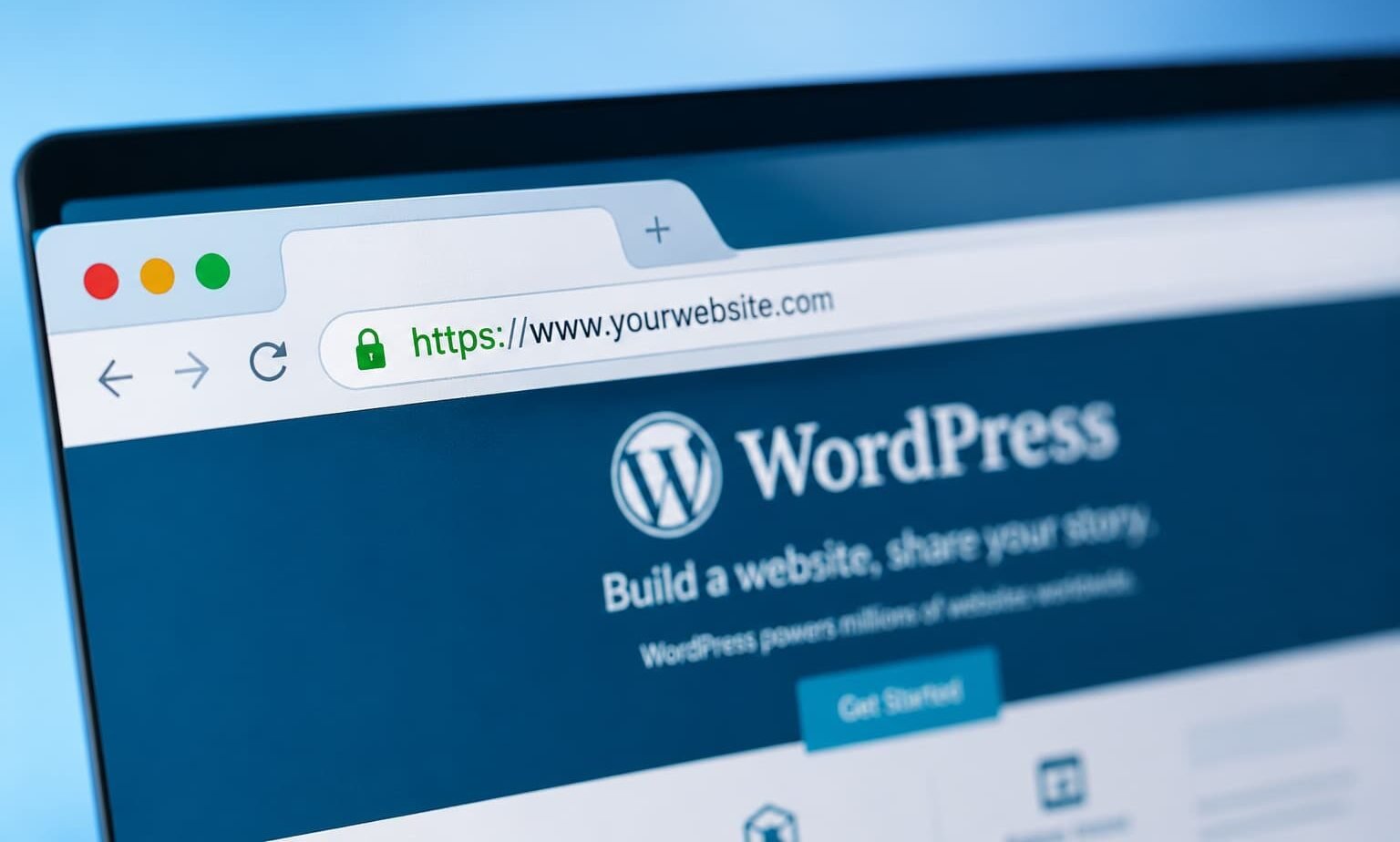 Close-up of a browser address bar showing a green padlock and HTTPS URL with a blurred WordPress website in the background.