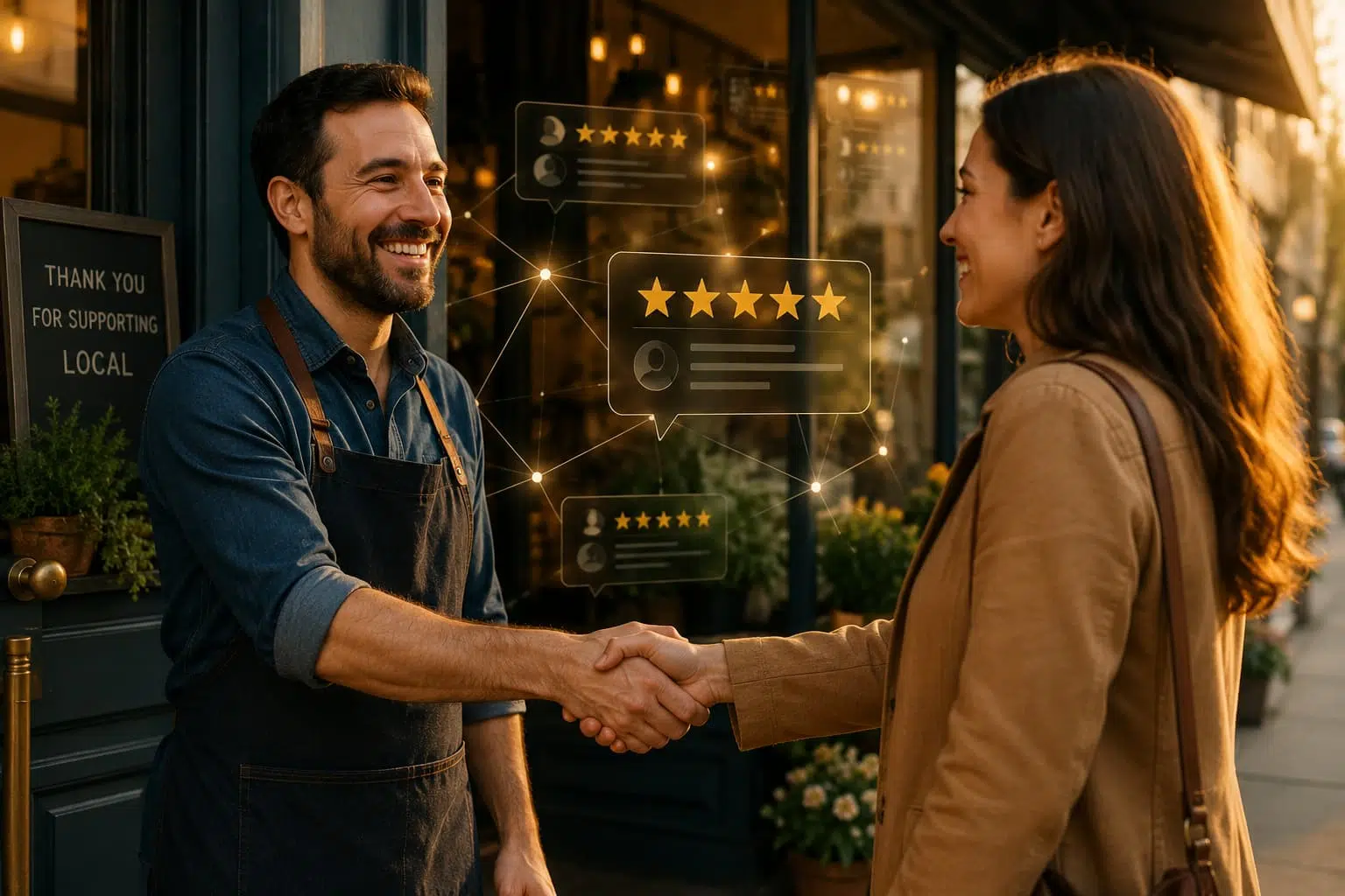 Small business owner shaking hands with a satisfied customer outside a local shop with five-star review icons.