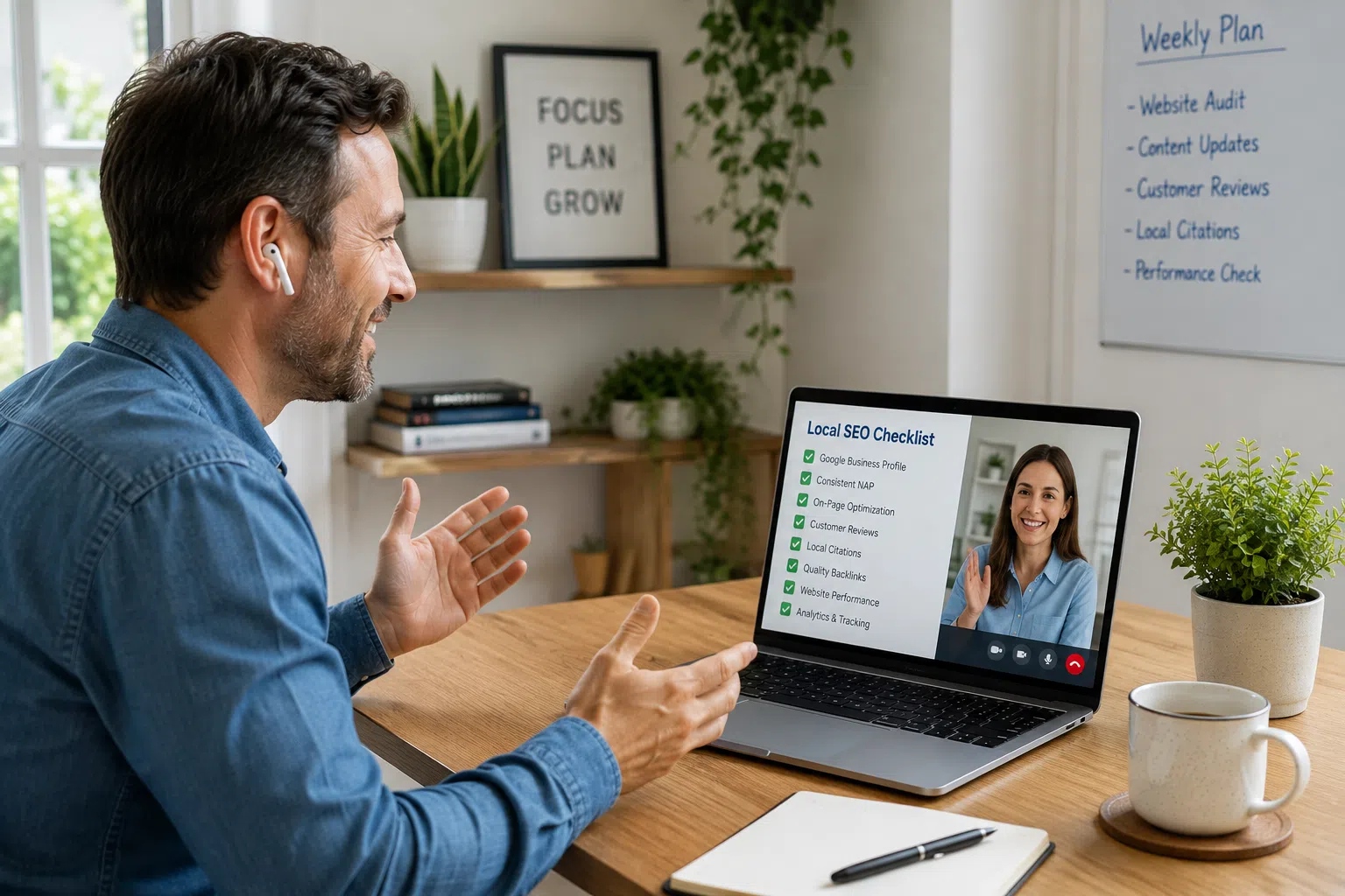 Small business owner on a video consultation reviewing a local SEO checklist on a laptop.