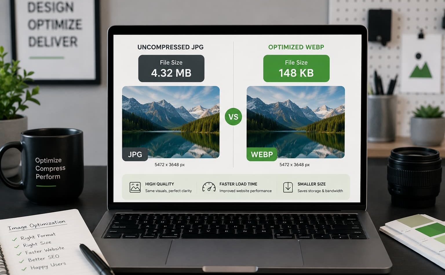 Laptop displaying a comparison of an uncompressed JPG and optimized WebP image with different file sizes.