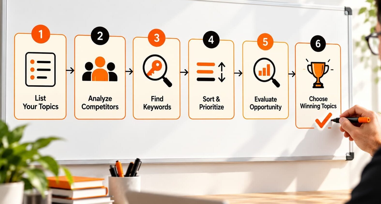 Six-step content research flowchart showing how to list topics, analyze competitors, find keywords, prioritize ideas, evaluate opportunities, and choose winning topics.