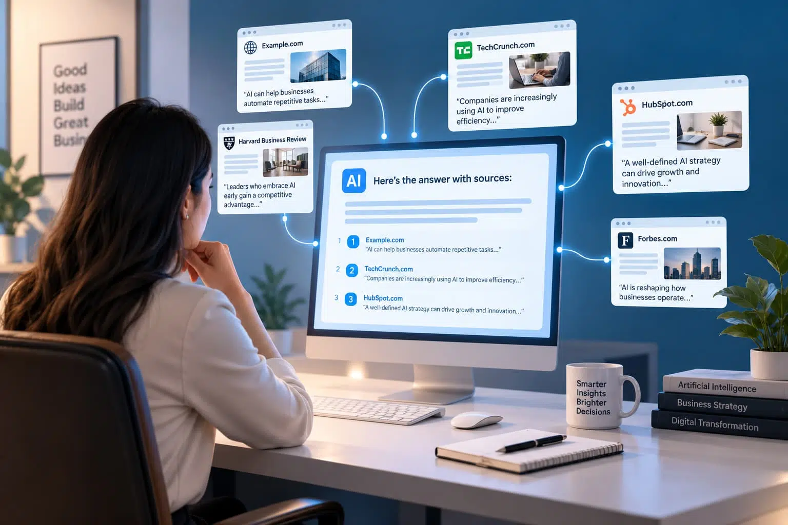 Business professional viewing an AI answer interface with citations from multiple website sources.