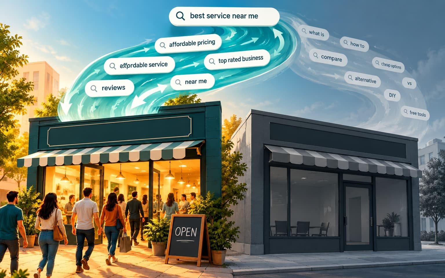 Split-screen illustration of a busy storefront attracting customers through high-intent search queries and an empty storefront receiving fewer relevant searches.