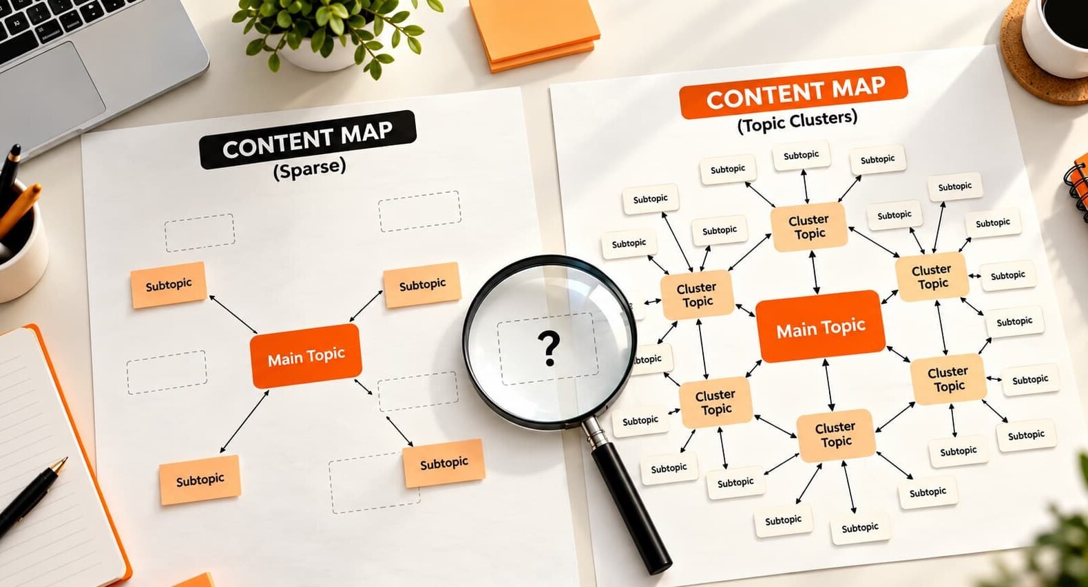 Side-by-side content maps showing a sparse topic structure and a detailed topic cluster strategy with connected subtopics and a magnifying glass highlighting a content gap.