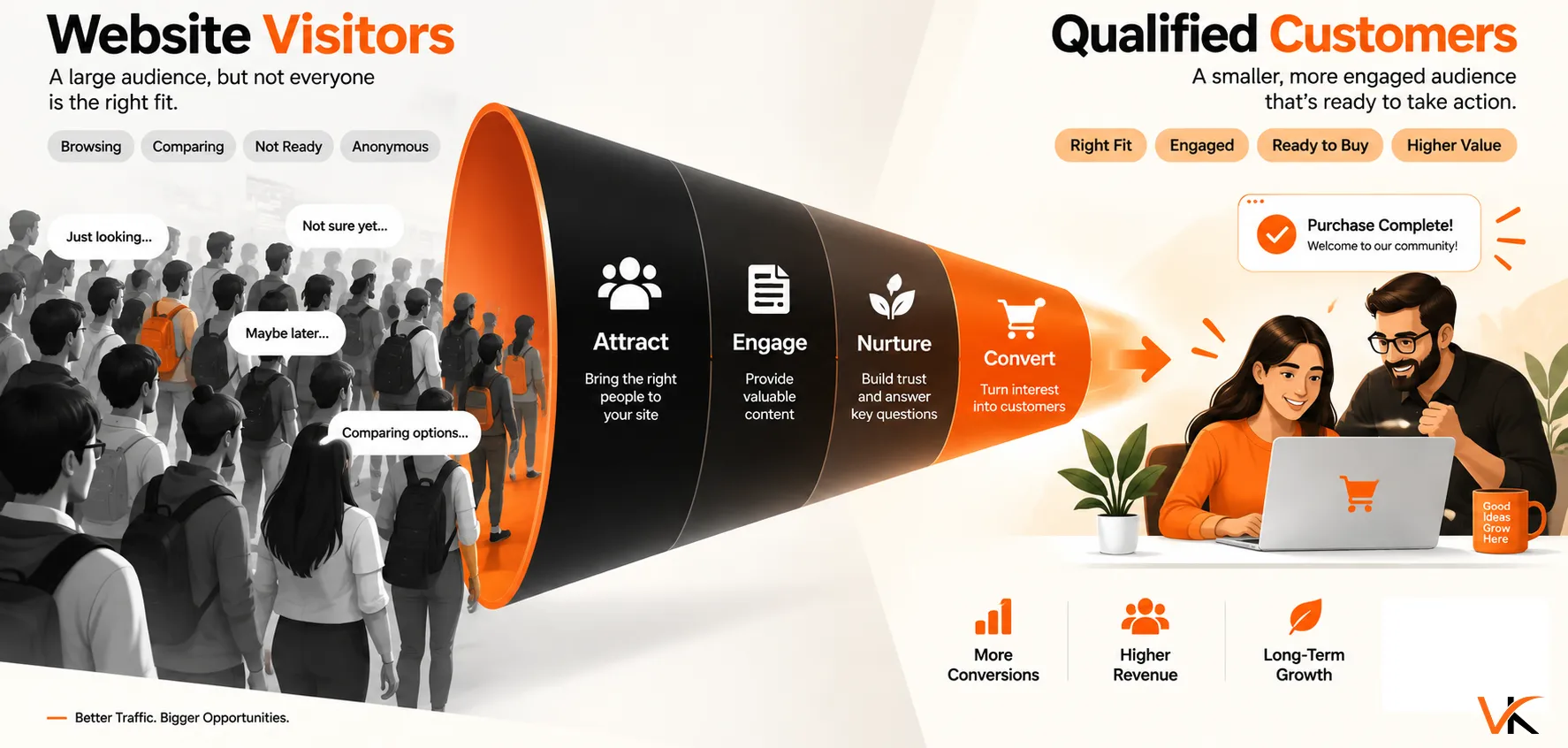 Marketing funnel showing website visitors moving through attract, engage, nurture, and convert stages to become qualified customers.