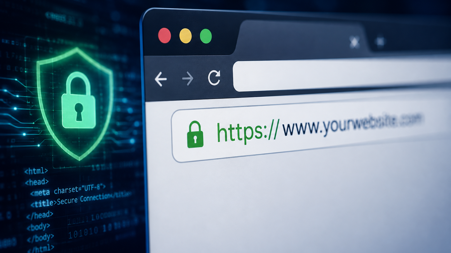 Browser address bar showing HTTPS and a green padlock with a glowing security shield and code in the background