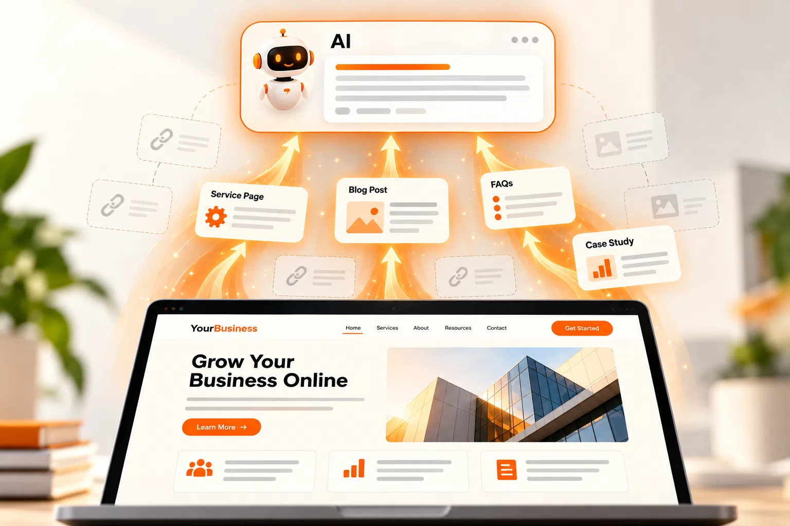 Business website content flowing into a floating AI interface, with blog posts, service pages, FAQs, and case studies represented as connected content cards.