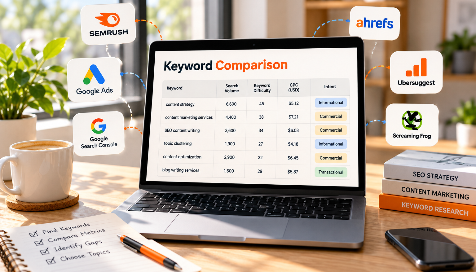 Laptop displaying a keyword comparison table with search volume, keyword difficulty, CPC, and search intent, surrounded by SEO research tools on a bright office desk.