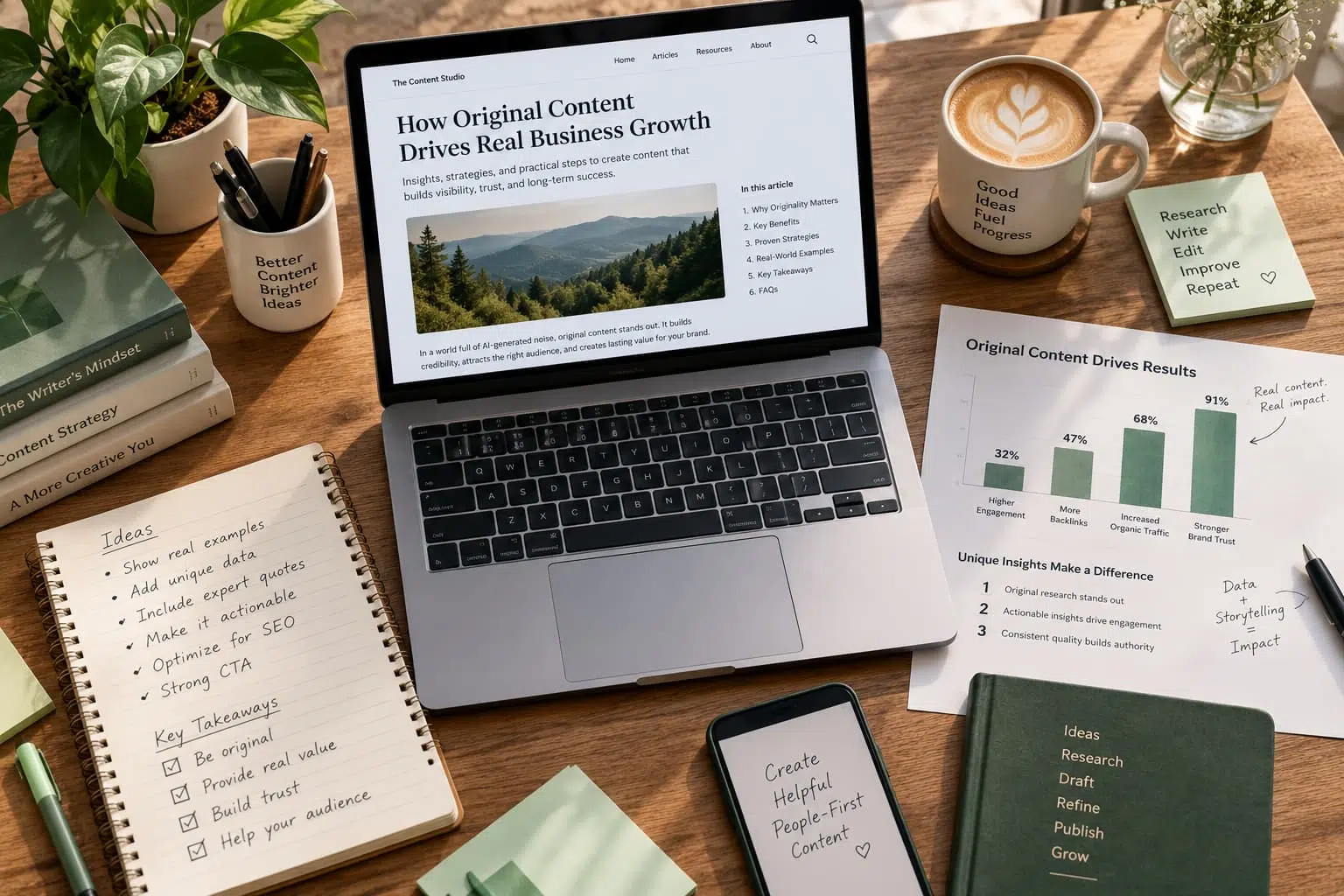 Overhead view of a writer’s desk with a laptop showing an article, handwritten notes, research materials, a data chart, and coffee cup.