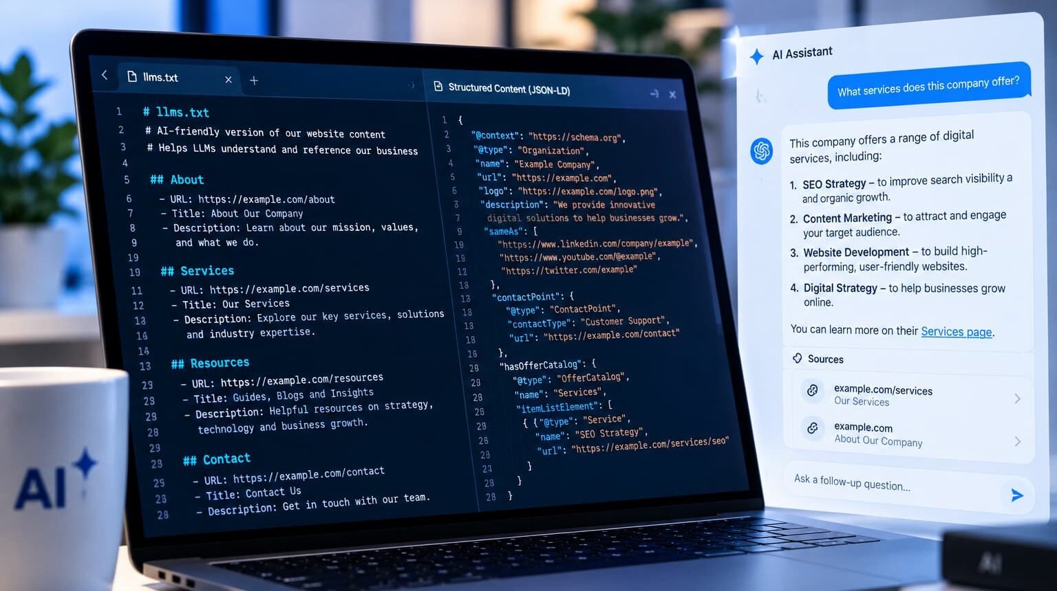 Laptop displaying an LLMs.txt file, structured content markup, and an AI assistant response with cited sources.