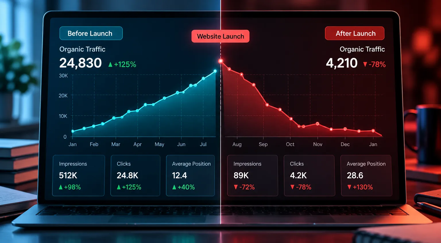 Split-screen analytics dashboard showing rising organic website traffic before launch and a sharp decline after launch, with contrasting blue and red line graphs and SEO performance metrics.