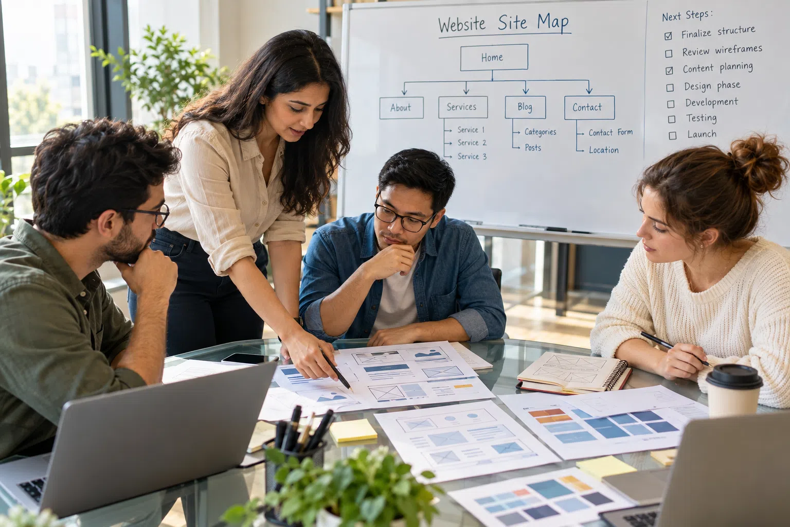 Diverse team collaborating around a glass table with website wireframes and laptops while reviewing a sitemap diagram on a whiteboard.