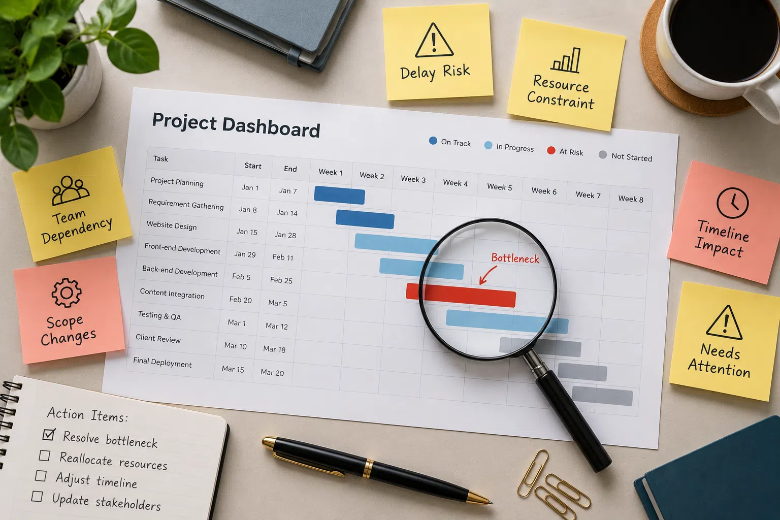 Overhead view of a project dashboard with a Gantt timeline, red bottleneck task, magnifying glass, and warning sticky notes highlighting project risks.