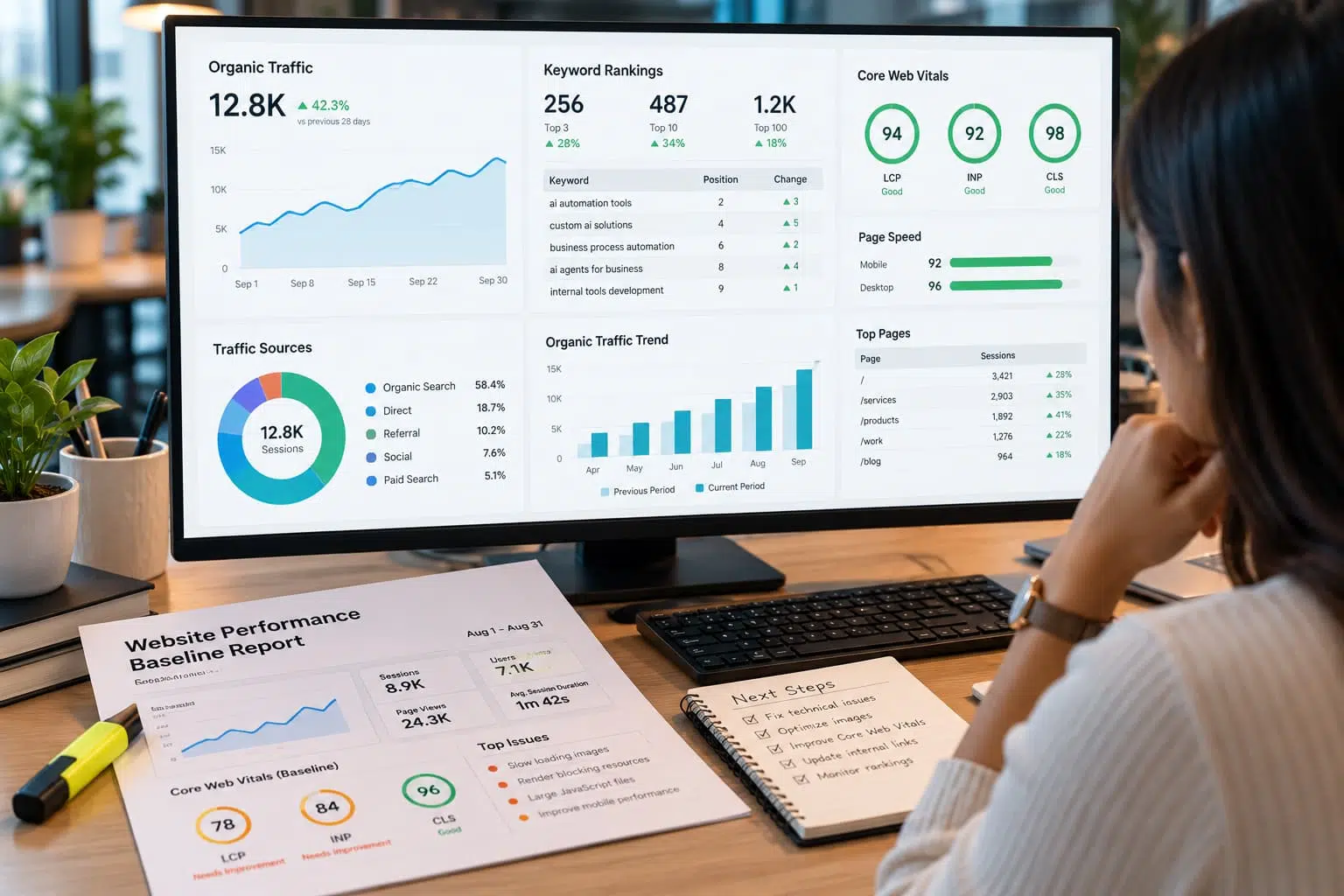 Analyst reviewing a website performance dashboard showing traffic graphs, keyword rankings, Core Web Vitals, and page speed, with a baseline report and highlighter on the desk.