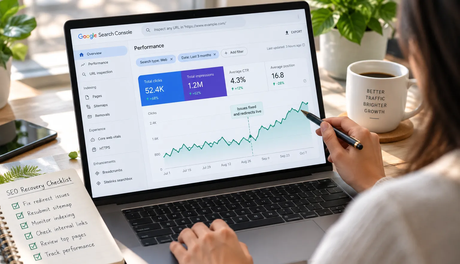 Marketing analyst reviewing a Google Search Console–style dashboard on a laptop, highlighting a rising organic traffic graph beside an SEO recovery checklist and coffee cup.