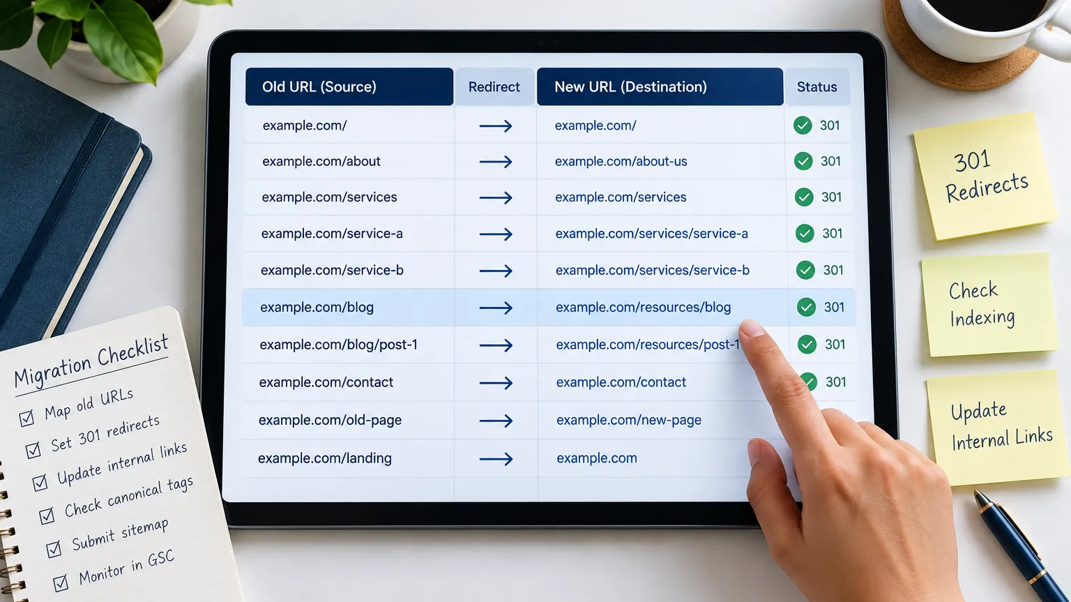 Tablet displaying an old-to-new website URL mapping spreadsheet with directional arrows and green 301 redirect checkmarks, alongside an SEO migration checklist.