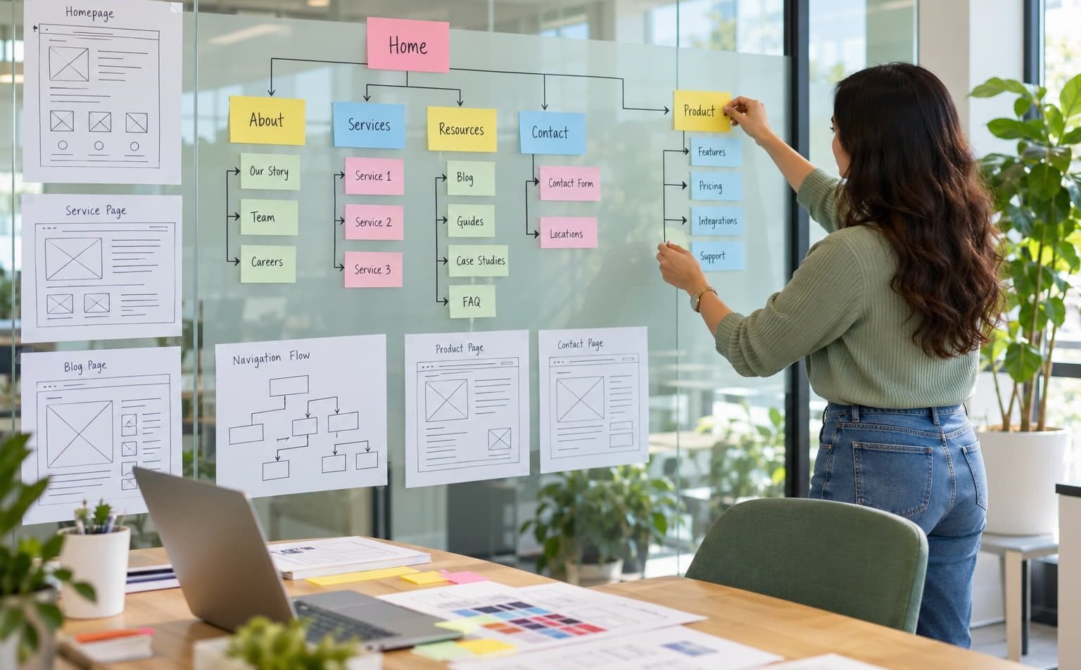 Designer arranging a website sitemap with sticky notes, navigation paths, and wireframe sketches on a glass wall.
