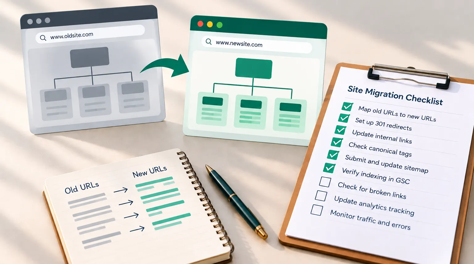 Website migration workflow showing old and new site structures, a URL mapping notebook, and an SEO checklist covering redirects, canonical tags, sitemap updates, and indexing.