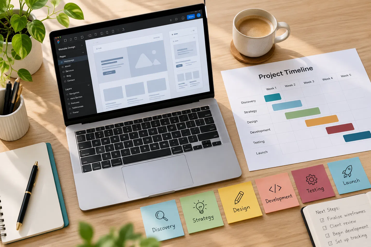 Top-down view of a modern workspace with a laptop displaying a website wireframe, project timeline, sticky notes for website project phases, notebook, and coffee cup.