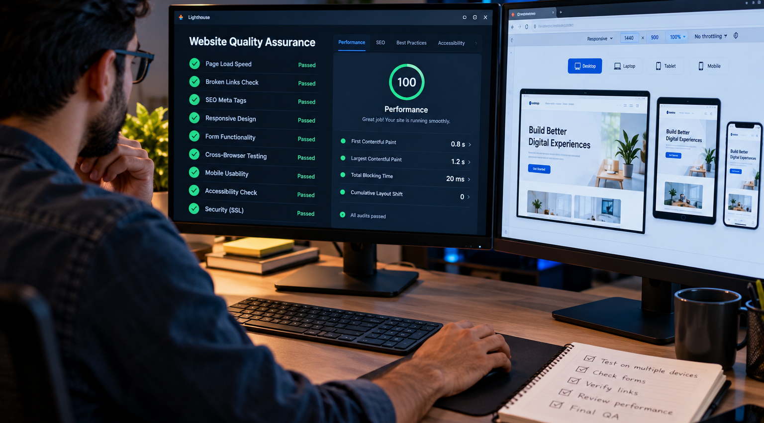 Developer testing a website on dual monitors, with a QA checklist and responsive webpage previews for desktop, tablet, and mobile devices.