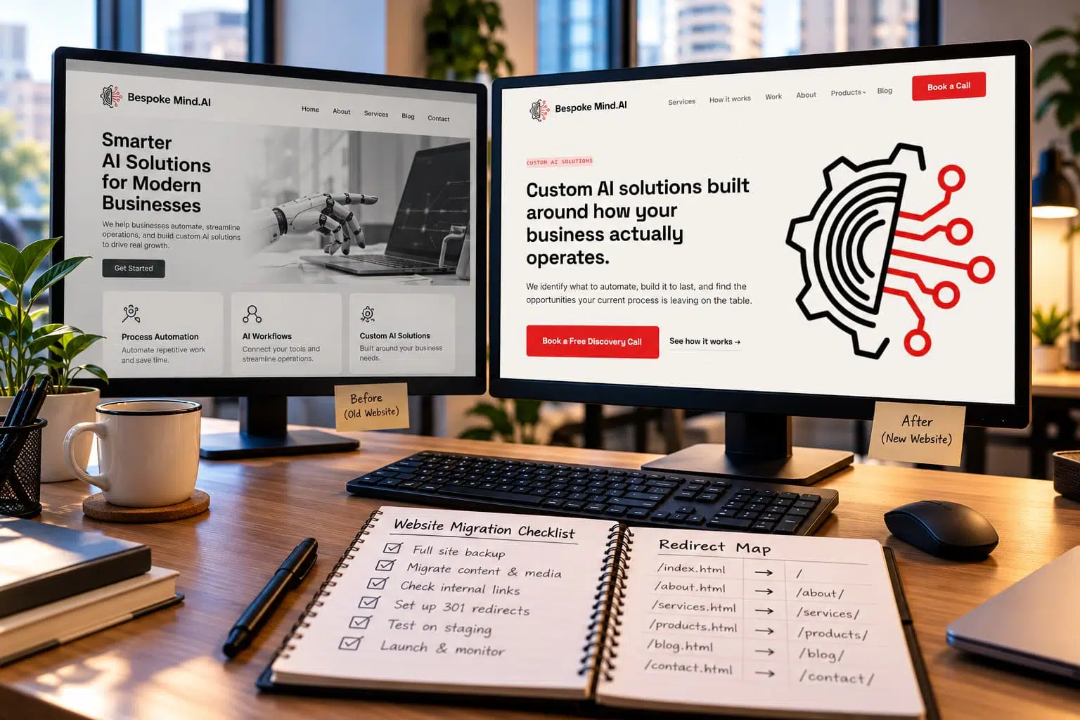 Dual monitors showing the old and redesigned Bespoke Mind.AI websites, with a website migration checklist and redirect map on a desk.