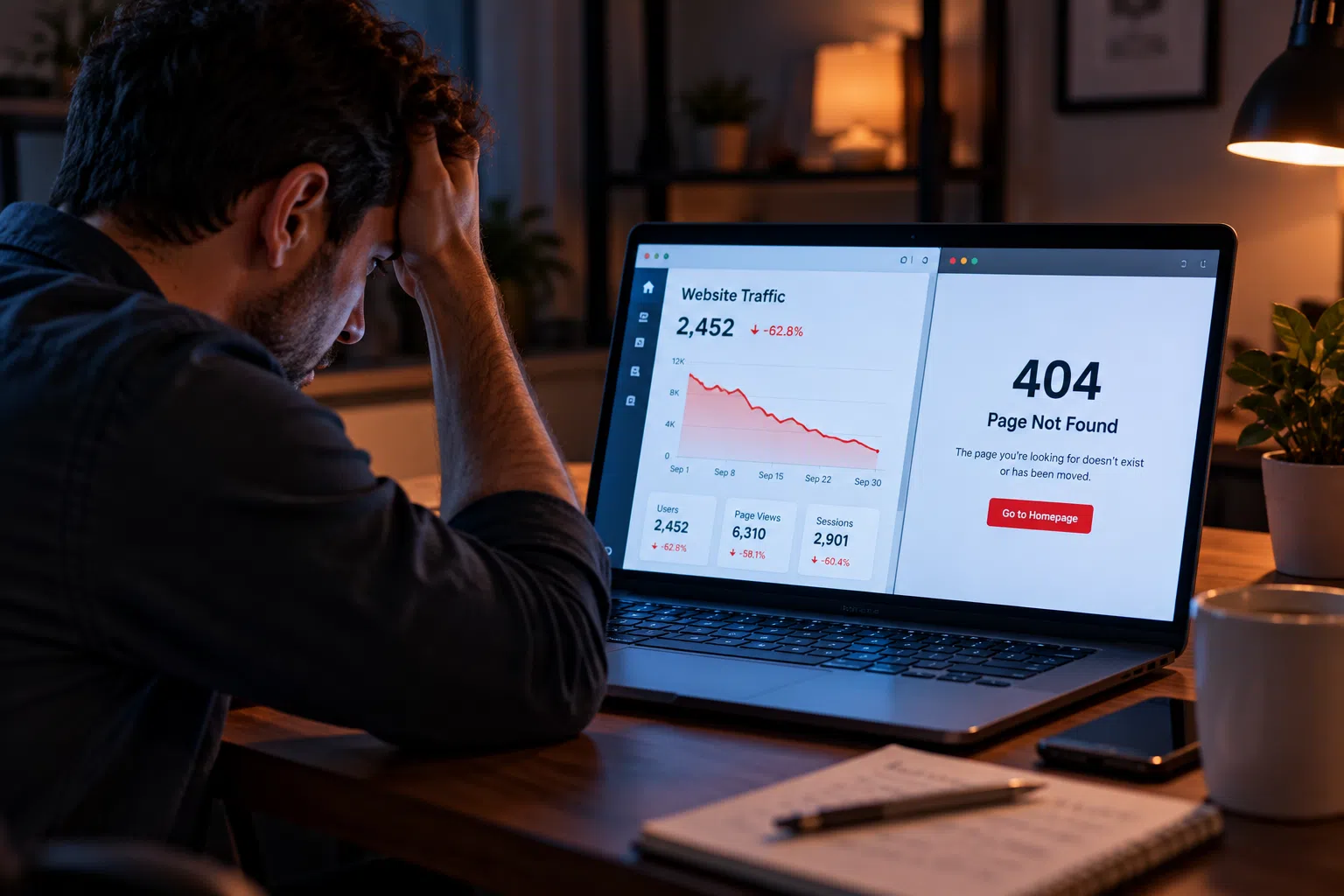 Frustrated small business owner viewing declining website traffic and a 404 page error on a laptop at night.