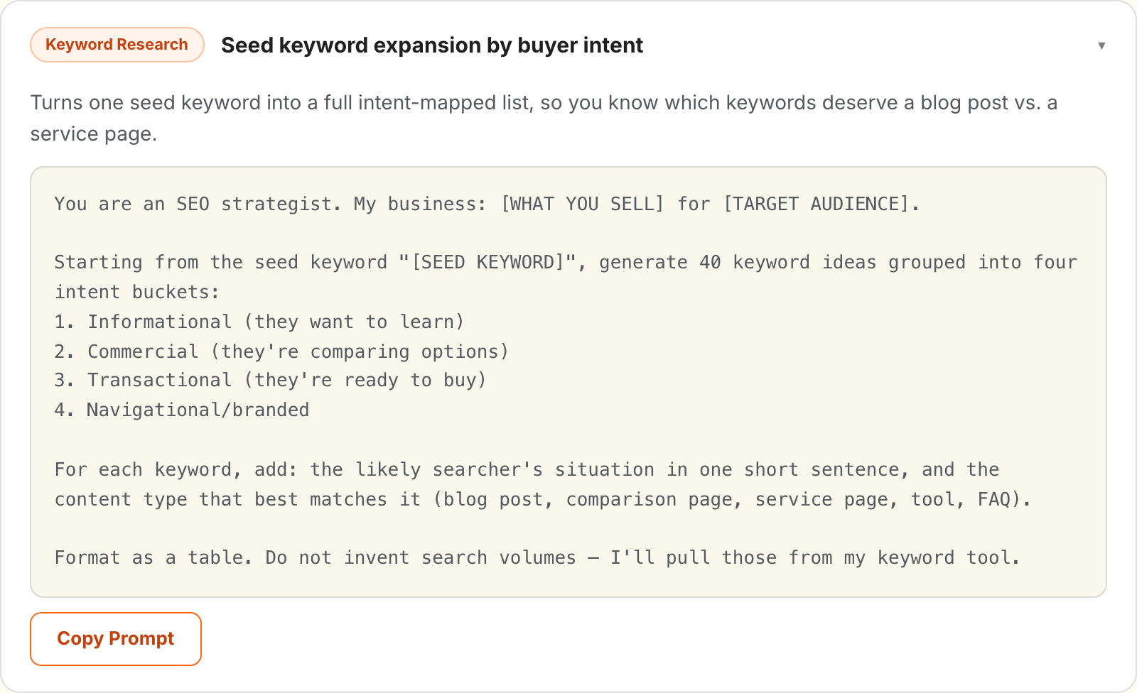 SEO prompt card from the free prompt library showing a keyword research prompt for ChatGPT and Claude with a copy button